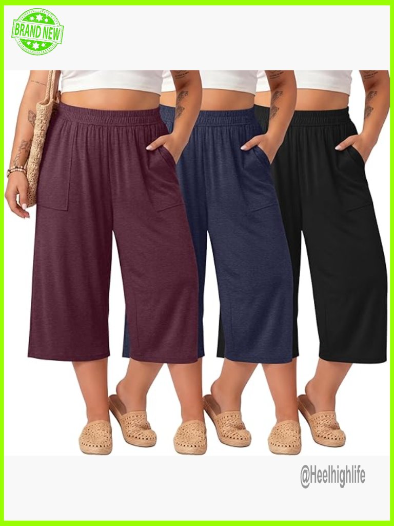 Plus Size Cotton Capri Sweatpants Wide Leg Elastic Waist Lounge Pants 3 Pack